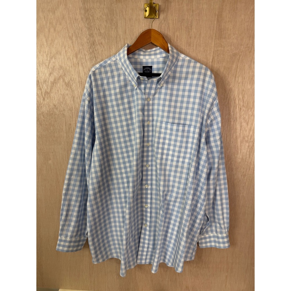 Brooks Brothers 2XL Gingham Button Down Shirt Blue White Non-Iron Supima Cotton